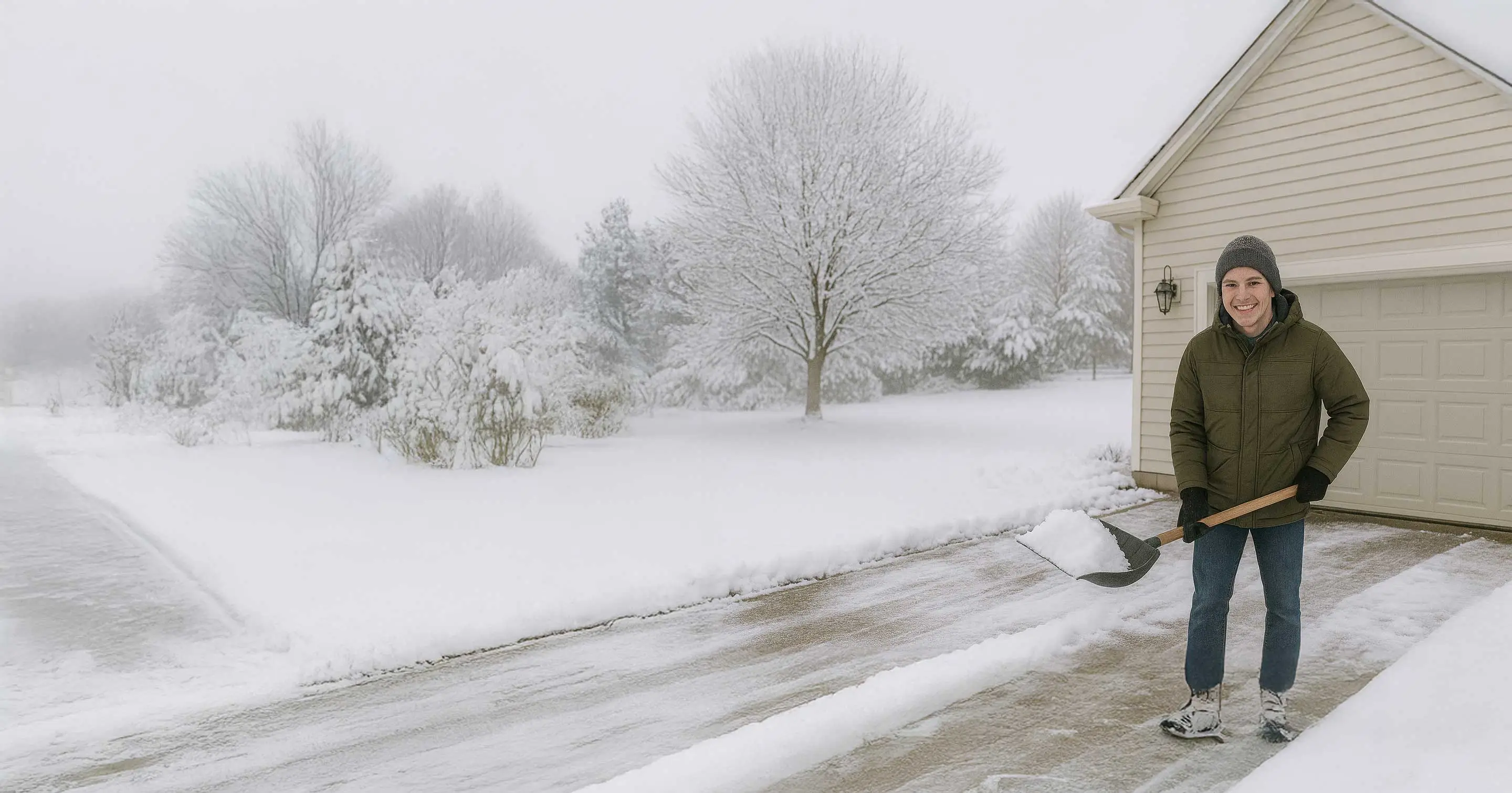 Student helping with snow shoveling